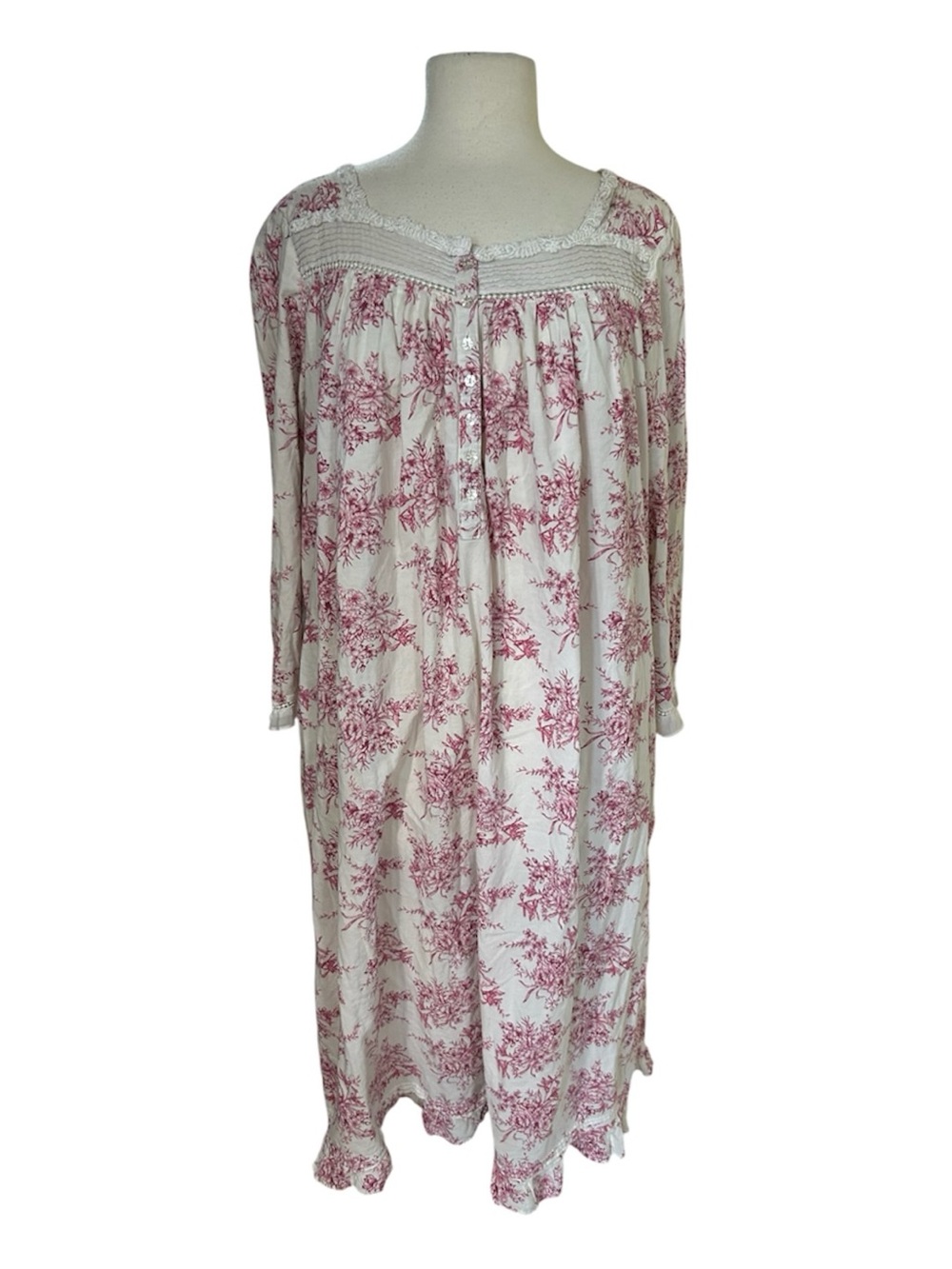 Eileen West Floral Lace Nightgown Size L White Pink Cottagecore Ruffle Hem